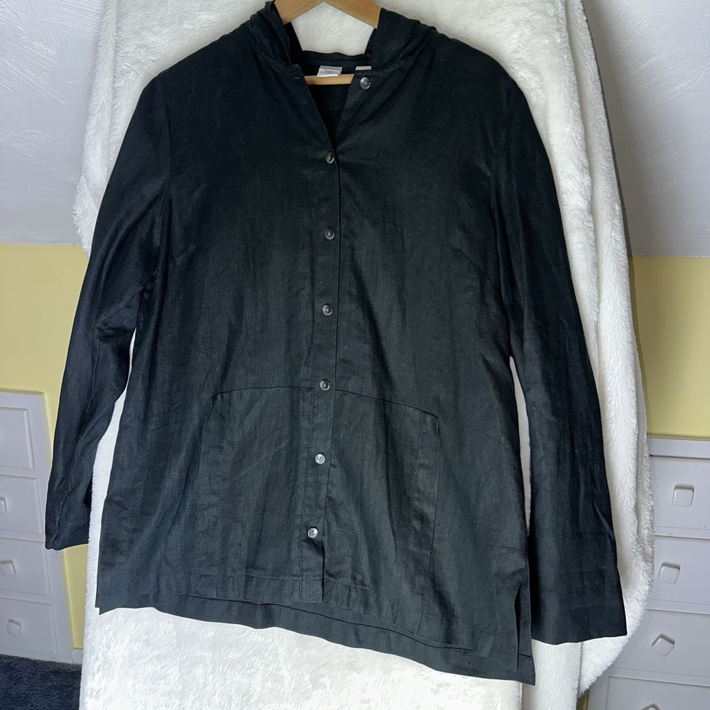 Real Clothes Linen Lagenlook Button Up Beach Shirt Hooded Abalone Buttons Boho 6